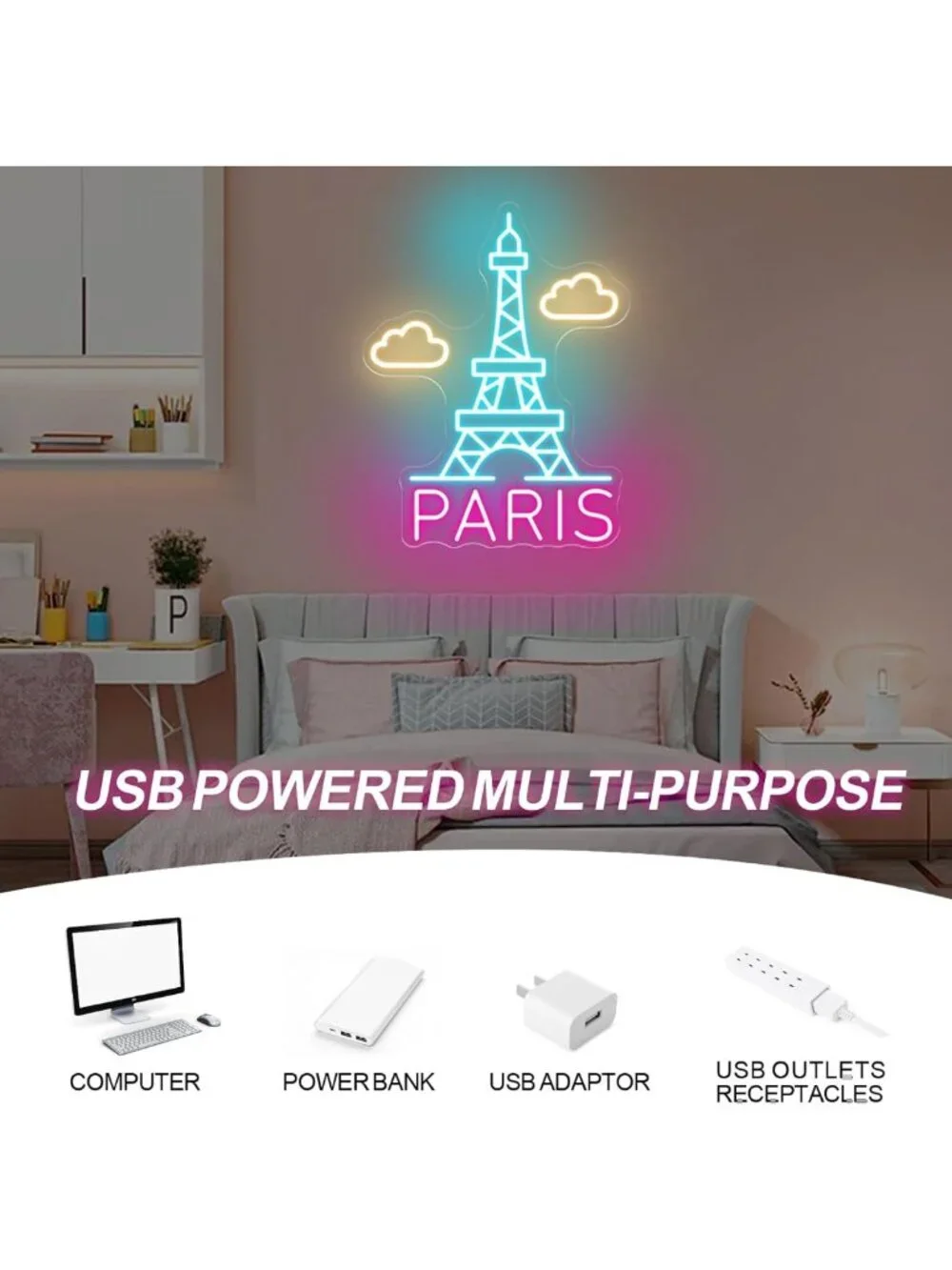 Eiffel Tower Neon Wall Light - Dimmable LED Paris Decor for Bedroom & Cafe